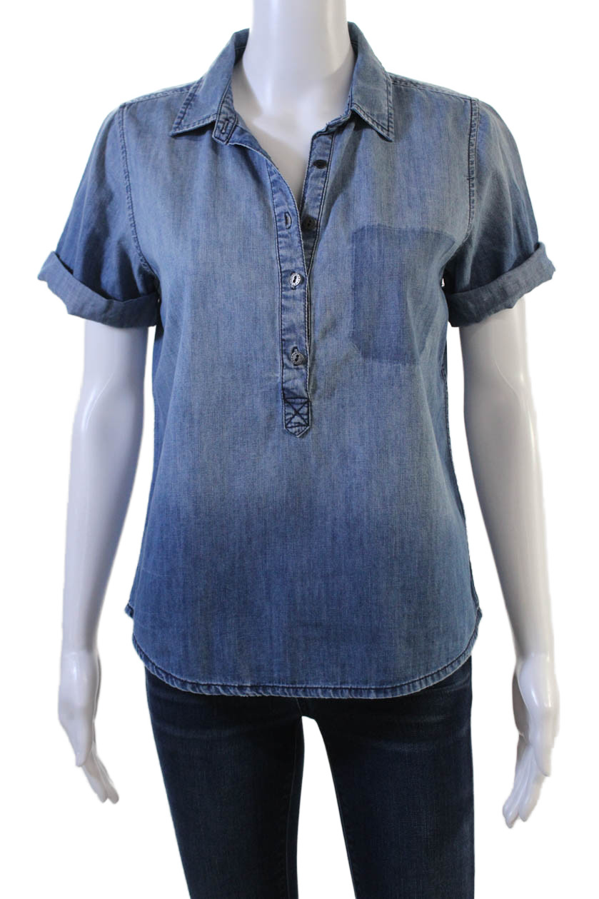 Current/Elliott Women Basic Button-Up Blue Cotton… - image 1