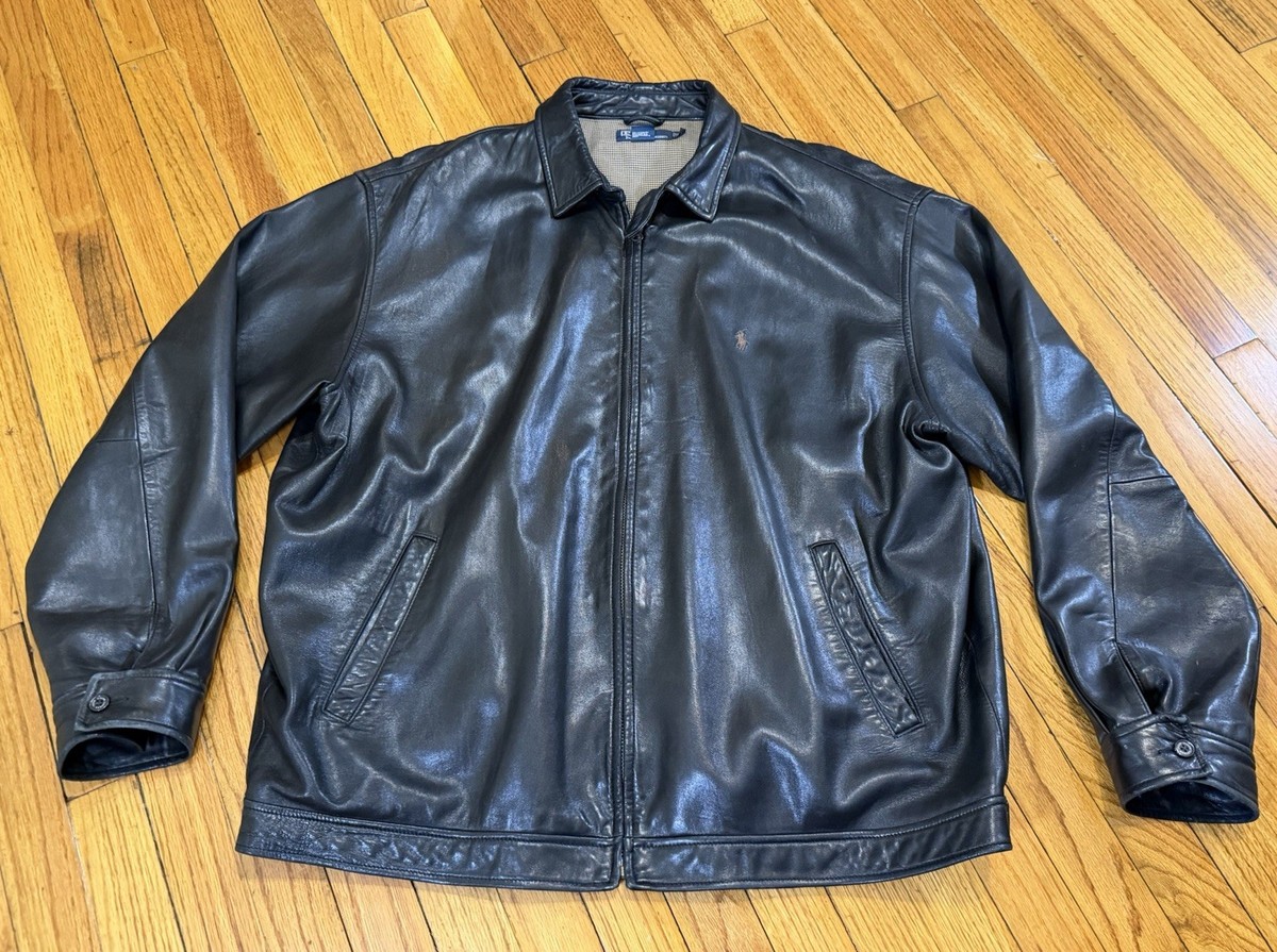 Vtg 90's Polo by Ralph Lauren Blue Label Black Leather Coat Men's