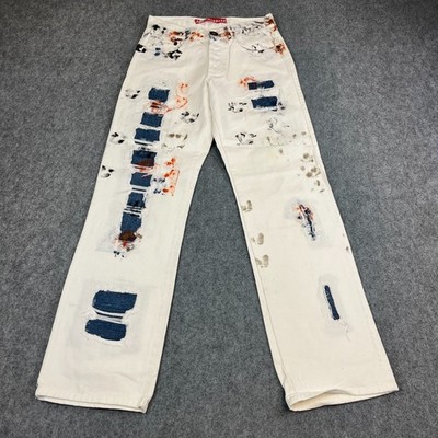 Cipo & Baxx Mens Jeans Straight 31 32 Distressed Patchwork White Paint Design