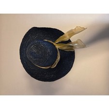 Navy Blue Woven Straw Sun Hat with Gold Organza Ribbon Bow Wide Brim Summer Hat