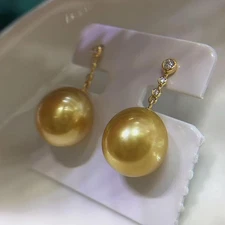 12mm-12.5mm South Sea Golden Pearl Earring Rich Gold Color Deep Tone 18k YG