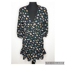 ASOS black orange blue floral faux wrap ruffle hem dress size 0