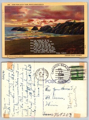 Ecola Park Cannon Beach OR Linen Postcard Sunset Ocean Wesley Andrews 1941