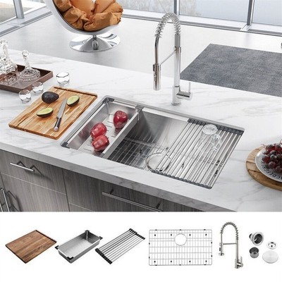 32in Stainless Steel Undermount Single Bowl Sink Handmade Kitchen Sink w/Faucet