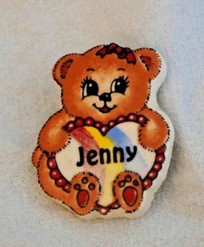 Vintage Teddy Bear Name Pin Jenny Rainbow Heart 1970s Costume Jewelry
