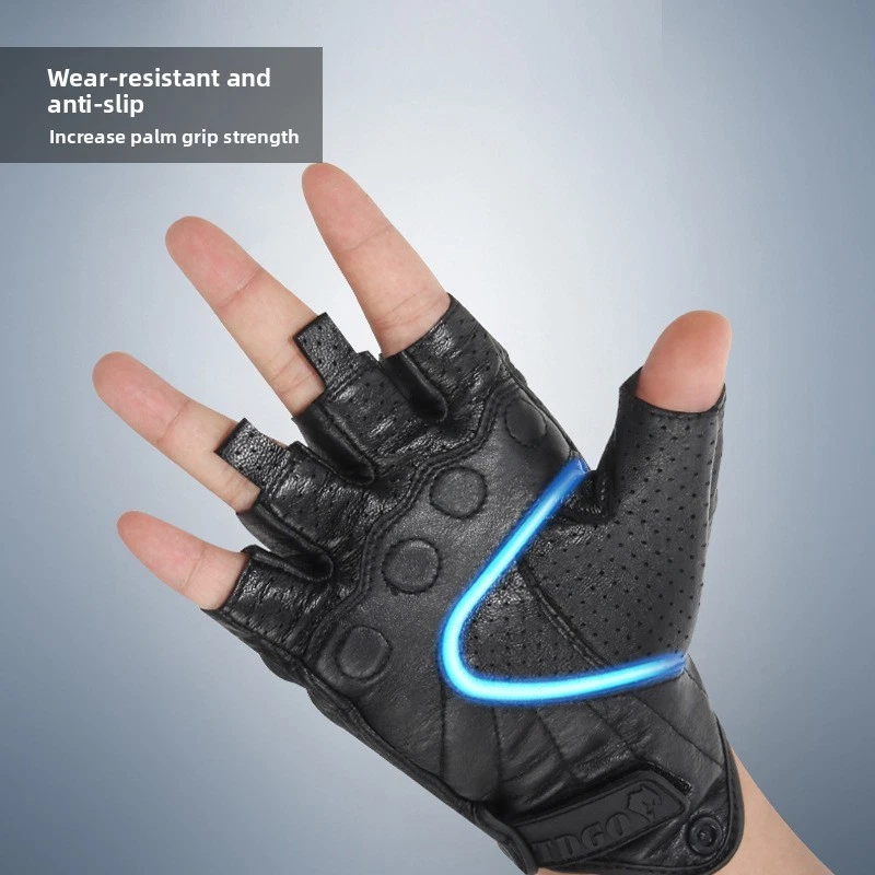 Summer Half-finger Motorcycle Motorbike Glove Genuine Leather Touchscreen Vented - Image 2 of 4