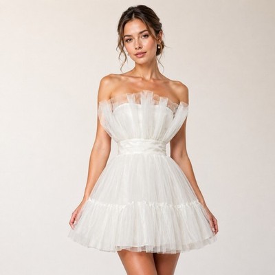 Katie May Elle XS Ivory Tulle Strapless Mini Dress Ruffle Bridal Wedding Guest
