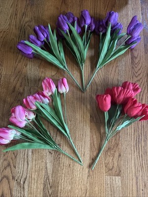 Lot of 6 Bundles Faux Artificial Fake Silk TULIP Flowers Purple Pink Red Spring