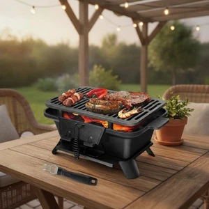 Cast Iron Charcoal Grill Portable Tabletop BBQ Black 27x40x18cm