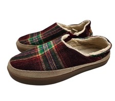 Sanuk Sz 7 Plaid Green Tan Suede Trim Thick Sole Faux Fur Lining Slippers