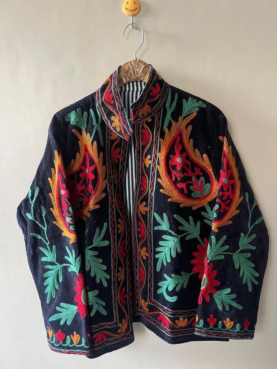 Uzbek Embroidered Suzani Jacket Black Velvet Floral Boho Ethnic Coat Handmade