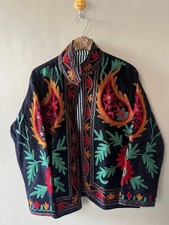 Uzbek Embroidered Suzani Jacket Black Velvet Floral Boho Ethnic Coat Handmade