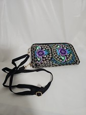 Black Purple Flower Embroidered Front Phone Pocket Wallet Clutch Floral