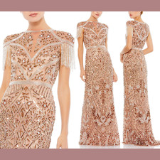 NWT 598 Mac Duggal  10  Fringe Cap Sleeve Beaded Column Gown Copper Q661