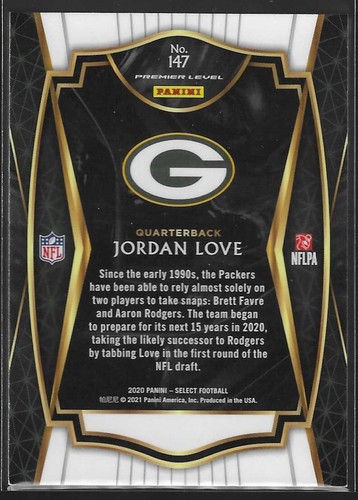 2020 Select Jordan Love RC Premier Level #147 Packers - Foto 2 di 2