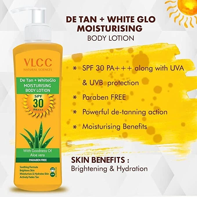 Loción corporal hidratante VLCC De Tan Plus White Glow FPS 30 PA+++, 350 ml Foto 2 de 3