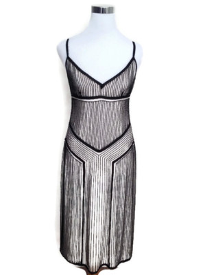 RALPH LAUREN Black Label Dress 2 Black White Beaded Sleeveless Midi V Neck  Gown