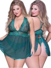 Seven 'til Midnight Plus Size Emerald Lace and Mesh Babydoll Set 3X/4X