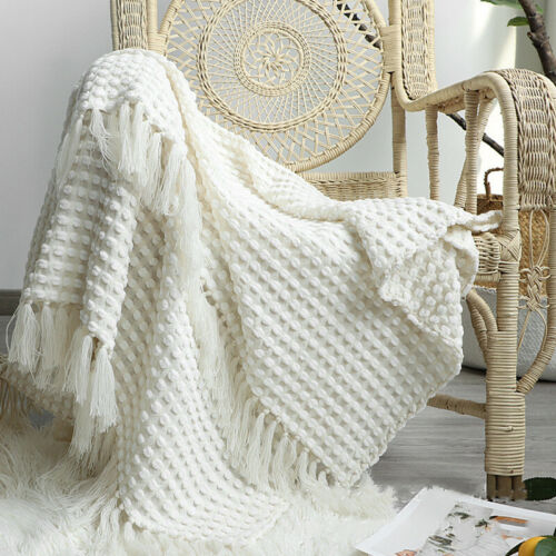 Tassel Knitted Blanket Chenille Shawl Fringe Throw Bed Sofa Couch Cover Solid - Picture 2 of 4