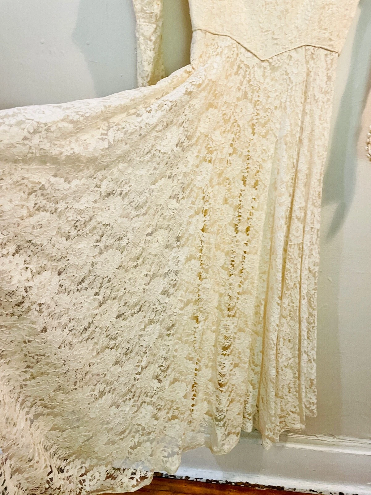 OFF WHITE Abito da sposa vintage anni 50 bianco sporco pizzo e tulle perle nuovo look gonna a cerchio *xxs xs