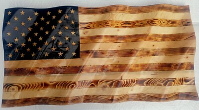 Patriotic Wavy Wood American Flag, Burned Design with Black