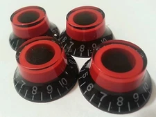 5 Guitar top hat volume / tone knobs. Black/Red.. JAT CUSTOM GUITAR PARTS