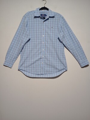 Vineyard Vines Mens Button Up Shirt Large Blue Striped Slim Fit Whale Plaid