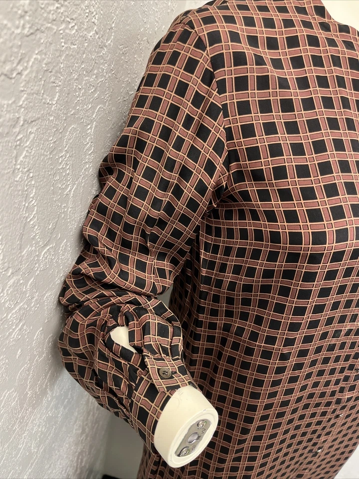 Vintage Calvin Klein Real Silk Brown Plaid Button Up Long Sleeve Dress Size 8 - Image 2 of 4