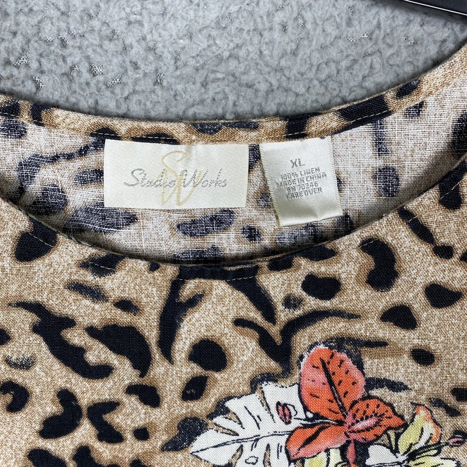 Top Studio Works para mujer XL 100 % lino leopardo floral sin mangas estampado animal Foto 2 de 4