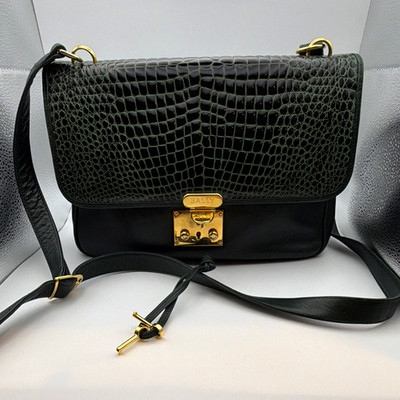 Vintage BALLY Leather Shoulder Bag Green Croc Flap Gold Push Lock With Keys RARE