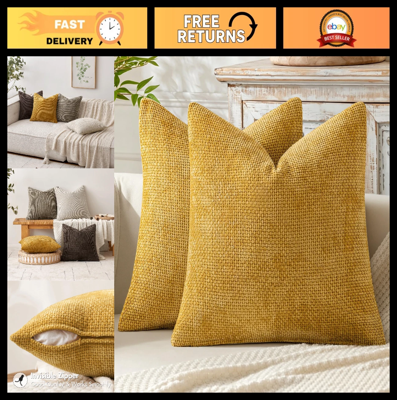 Set of 2 Mustard Yellow 18x18 Inch Throw Pillow Covers - Soft Chenille Boho Deco
