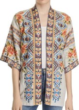 Johnny Was Kimono Sz S Beige Multicolor Embroidery Sentrie Linen Boho Cardigan
