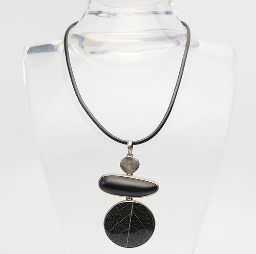 Vintage modern sterling silver wood leaf leather nature necklace Silpada