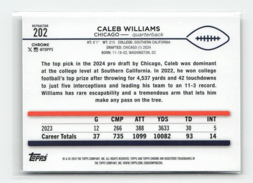 2024 Topps Chrome REFRACTOR Caleb Williams RC Chicago Bears #202 - Picture 2 of 2