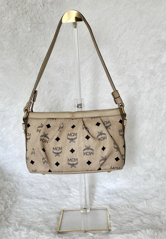 AUTÉNTICO MCM Bolso de Mano de Cuero Beige de Lujo Foto 3 de 4