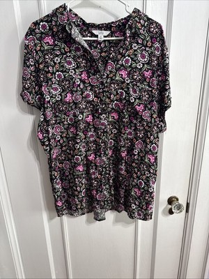 Croft & Barrow Black multi Color Floral Print Shirt Short Sleeve size XXL NICE