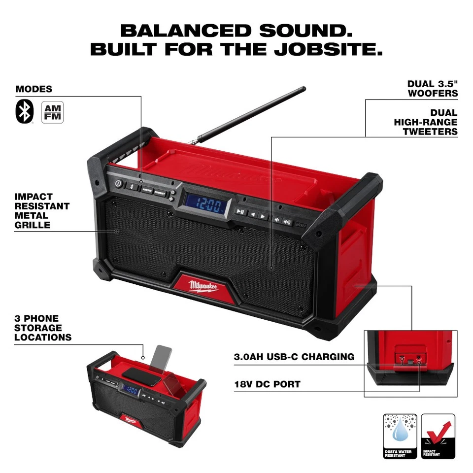 Radio para sitio de trabajo Milwaukee 2952-20 M18 18V inalámbrica Bluetooth (solo radio) Foto 3 de 4