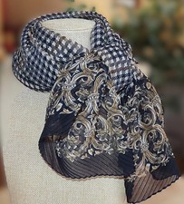 Oblong scarf; traditional, semi-sheer pleated; poly navy white tan gray; 54x13