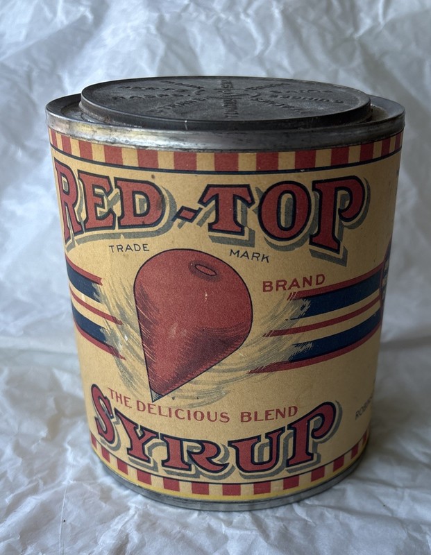 Early Vintage Original 1920s 2Lb RED TOP Brand Syrup Tin Can W Paper Label RARE