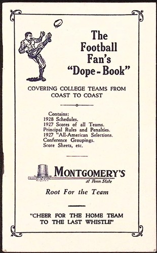 Libro de drogas para aficionados al fútbol de 1928 Montgomery's at Penn State Schedules folleto de puntuación
