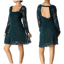 Free People Teal Lace Velvet Trim Long Sleeve Mini Dress M