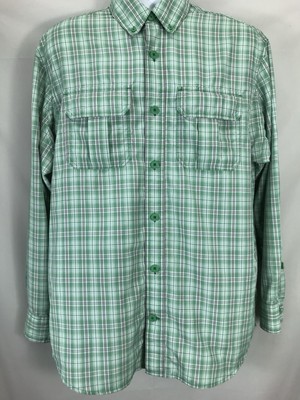 Duluth Trading Button Down Shirt Mens Medium Green Vented Plaid Roll Tab Sleeves