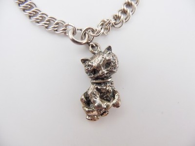 Vintage Sterling Silver Cat Charm with added Bracelet Link 7 Inches Kitten Cat