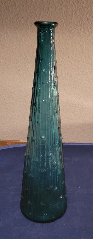 VTG ITALIAN EMPOLI GLASS GENIE DECANTER BOTTLE Aqua-Blue BAMBOO DRIP DESIGN 15”