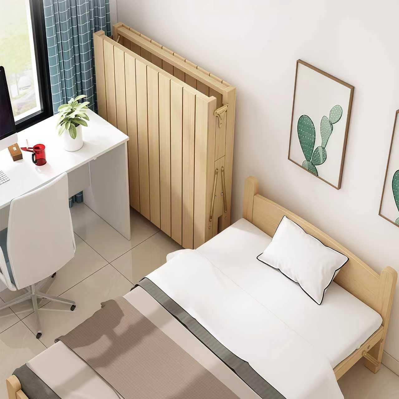 Folding Solid Wood Bed Frame with Upholstered Headboard - No Assembly Needed