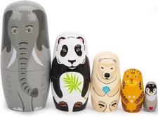 5PCS Matryoshka Nesting Dolls for Kids, Wooden Russian Animal Stacking Toy