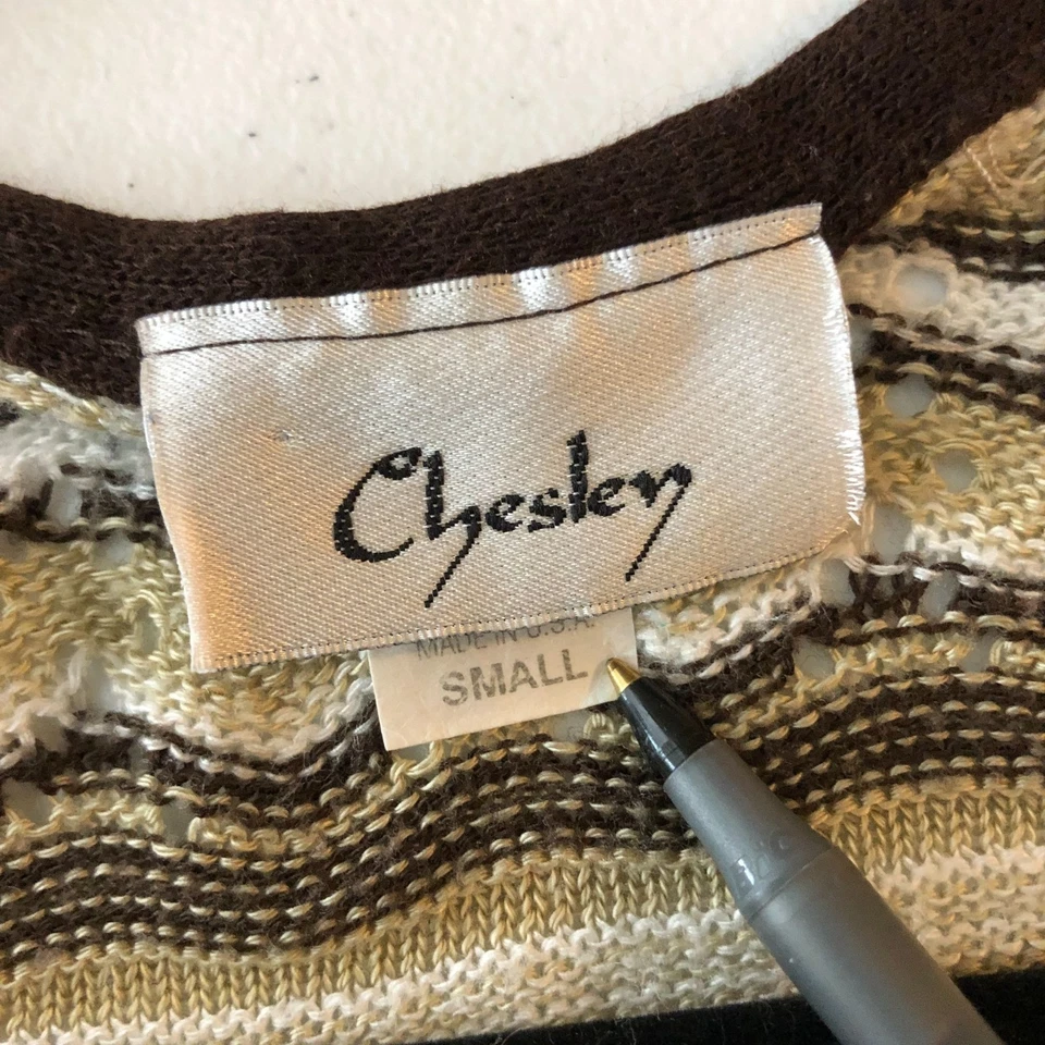 Chesley Vintage Y2K Knit Top Chevron V Neck Striped Eyelet Brown Beige S - Image 3 of 4