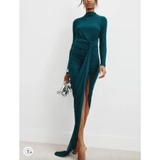 Ronny Kobo Ruched Teal Maxi Dress MEDIUM Shimmering Jersey Gown Designer $488