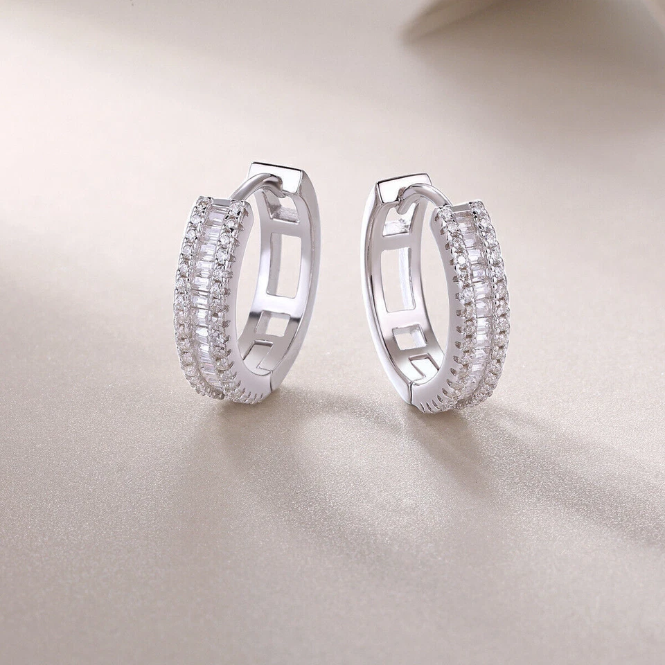 Emerald Cut Moissanite Hoop Earrings for Women Men Solid 925 Sterling Silver GRA - Image 3 of 4