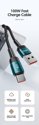 MCVEM 100 Watt Fast Charging USB A to C Cable - Braided Cable with 480 Mbps data - Picture 2 of 6